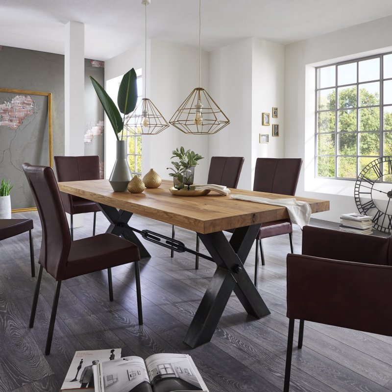 London Road Thor Industrial Oak Dining Table With X Metal Leg